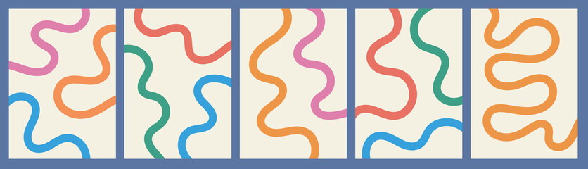 Abstract playful wavy line background. Minimal organic curved stripe banner set. Vertical abstract wave shapes © Nastya