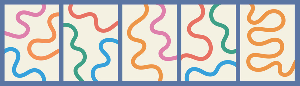 Abstract playful wavy line background. Minimal organic curved stripe banner set. Vertical abstract wave shapes