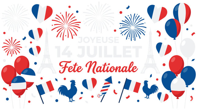 Fete nationale french celebration with fireworks balloons and roosters.