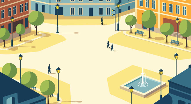 Charming European Town Square with Fountain, Trees, and Pedestrians