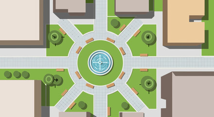 Aerial View of a Modern City Square with Fountain, Benches, and Trees © Wahyu