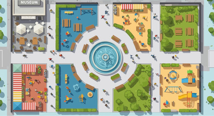 City Square Aerial View: Fountain, Playground, Park, Museum, Cafes, People © Wahyu