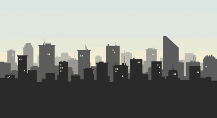 Fototapeta premium Minimalist Cityscape Silhouette with Glowing Windows at Dusk