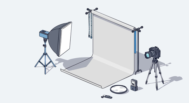 Professional photo studio setup with camera lighting and backdrop.