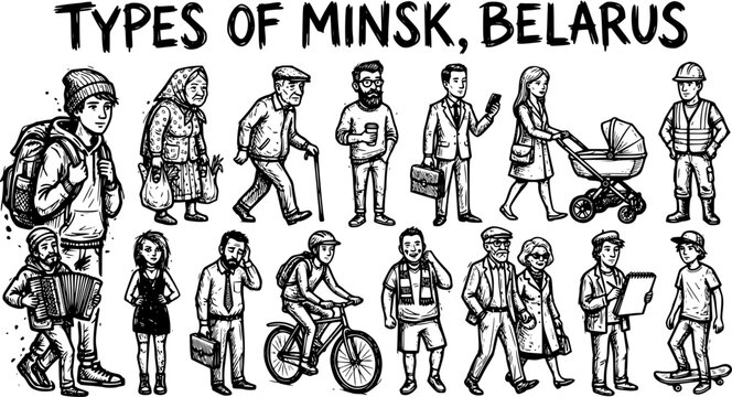 Black and White Line Art Illustration of Diverse Urban People Types from Minsk, Belarus, Depicting Society, Culture, and Everyday Life Characters