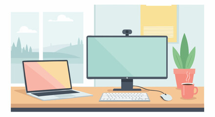 Fototapeta premium Modern home office workspace with laptop and desktop computer.