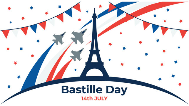 Festive bastille day with eiffel tower and jet planes flying french colors.