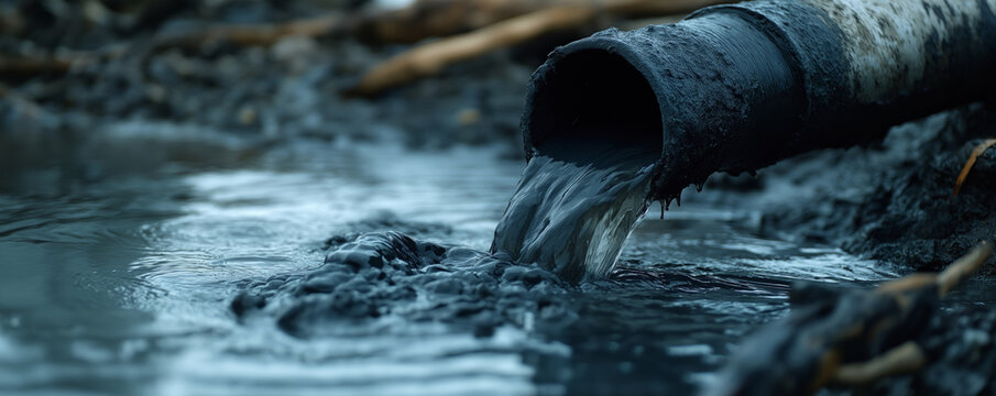 Contaminated liquid pouring from a worn pipe into murky water.
