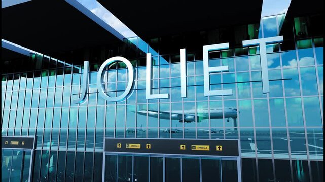 Airlane landing at Joliet, USA. Arrival in the city with reflection of airport and aircraft