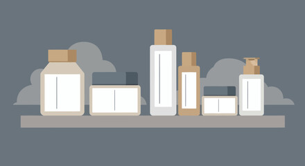 Naklejka premium Collection of cosmetic and skincare products displayed on a shelf with a cloudy background