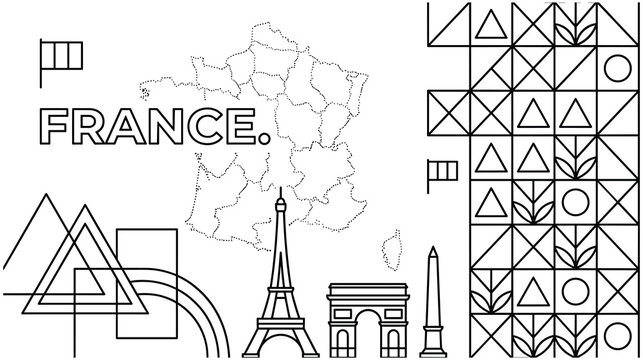 France map landmarks and geometric patterns outlines.