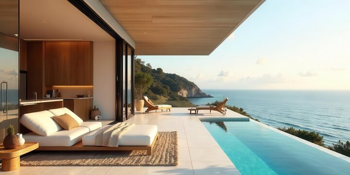 Serene Coastal Villa with Infinity Pool and Panoramic Ocean View Featuring Luxurious Outdoor Lounge Furniture and Modern Minimalist Interior Design