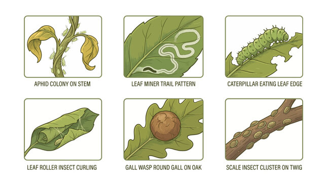 Insects damage various parts of a tree including leaves and stems causing leaf curl and galls