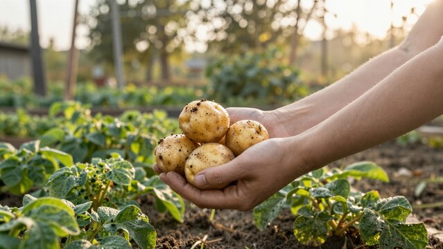 Close-up of hands holding freshly harvested potatoes in a garden at sunset.