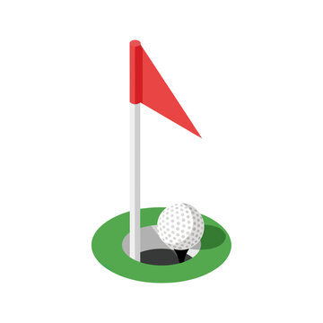 Golf ball in hole with flag.