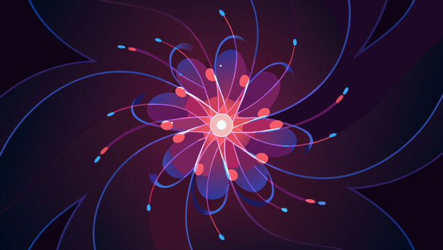 Glowing particle net illustration with radiant pink center and blue red orbits on dark background