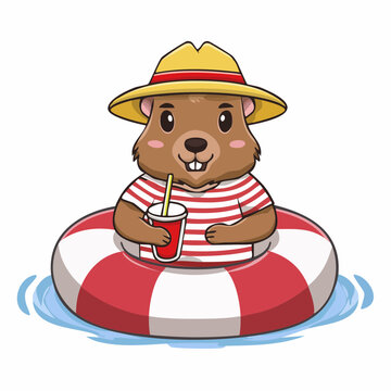 Cute cartoon beaver wearing a hat and drinking a beverage in a float