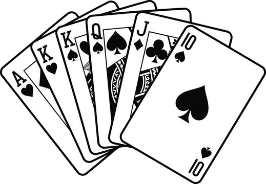 Royal Flush Playing Card Hand with Spades, Hearts, Clubs, and Diamonds for Casino, Gambling, Poker Tournament, and Gaming Graphic Design Concepts