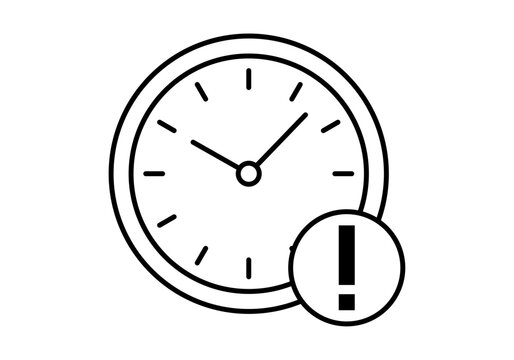 Icono lineal de reloj de pared con signo de exclamaci&oacute;n de advertencia