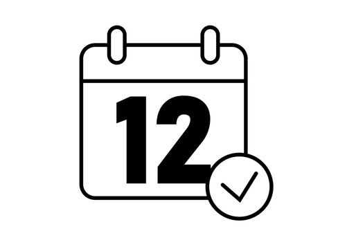 Icono lineal de calendario con el n&uacute;mero doce y una marca de verificaci&oacute;n de aprobado