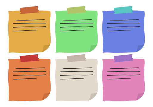 Colecci&oacute;n de seis notas adhesivas de colores con l&iacute;neas de texto escritas y trozos de cinta