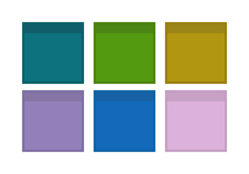 Colecci&oacute;n de seis notas adhesivas cuadradas de colores verde, azul, morado, ocre y rosa, sin texto, sobre
