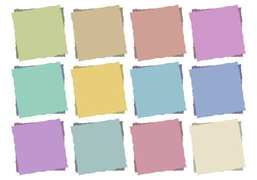 Colecci&oacute;n de doce notas cuadradas de colores, con bordes rasgados y sombras