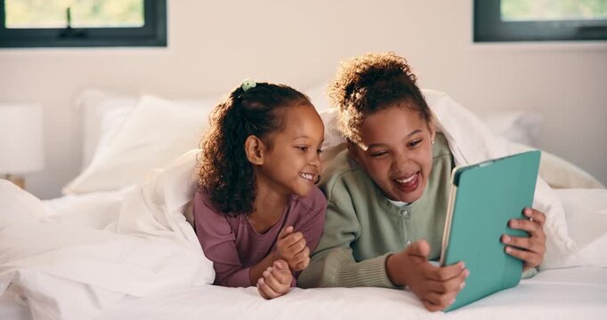 Tablet, siblings and bedroom with selfie for bonding, relax or digital memory at home. Happy, sister and kid with funny expression for weekend holiday, photography or online connection together