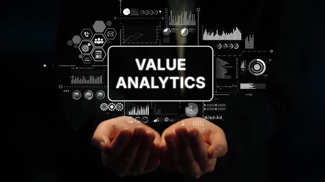 Hands Holding Value Analytics Concept with Digital Graphs and Data Visualization Elements. Asymptotic smart data analytic.