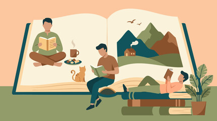 Obraz premium Reading and Imagination: People Enjoying Books in a Cozy Stylized Scene