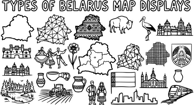 Belarus Map Displays and National Symbols Black and White Line Art Collection. Cultural Heritage, Landmarks, Wildlife  Folk Doodle Icons.