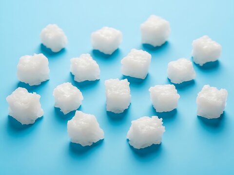 White rock sugar cubes scattered on a bright blue background