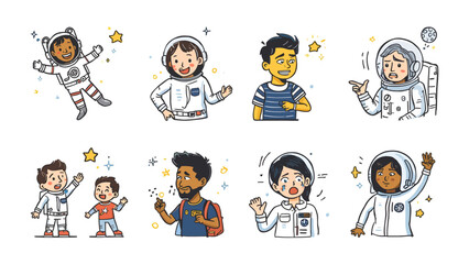 Astronauts and Space Explorers: A collection of colorful illustrations depicts astronauts and diverse individuals in various poses, conveying emotions of excitement, wonder, and wonder in space. © Murshida