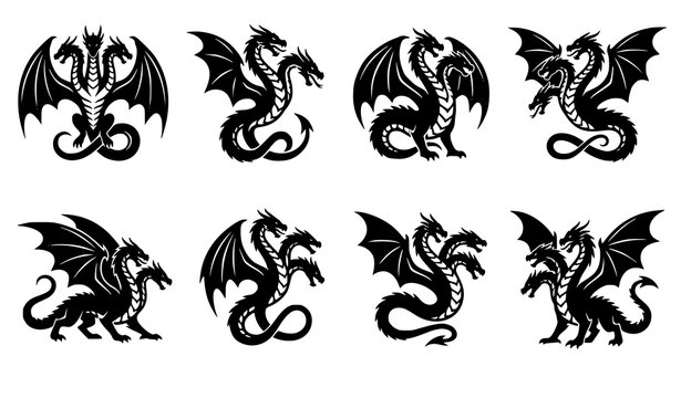 Medieval woodblock dragon vector set with detailed black ink hydra and mythical serpent emblems collection