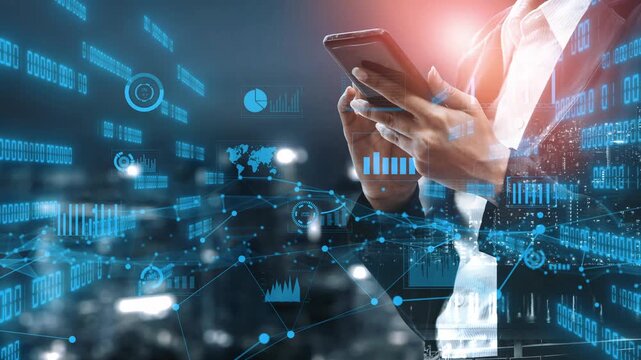 A business professional explores data visualizations on a smartphone, immersed in a digital cityscape filled with technology elements and analytical graphs. Xenic