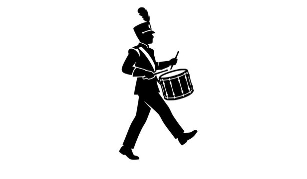 Marching band snare drummer linocut vector illustration with black woodblock style musician parade icon