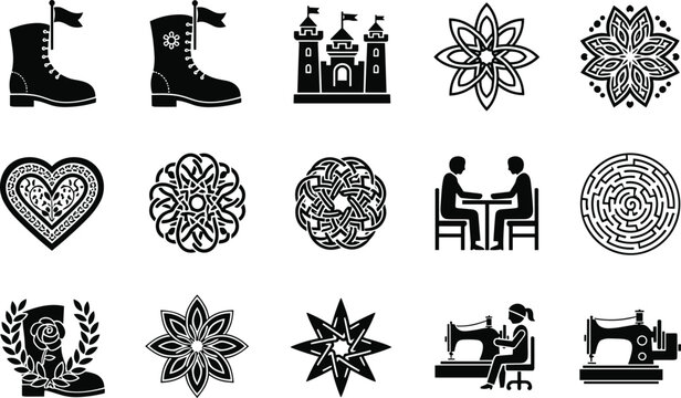 Versatile Icon Set Featuring Decorative Patterns, Boots, Castle, Maze, Sewing Machines, and Human Figures for Creative Craft and Design Projects