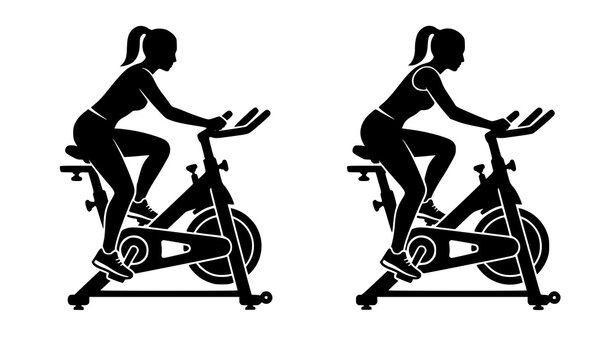 Woman cycling on stationary spin bike silhouette vector icon for fitness gym workout graphic