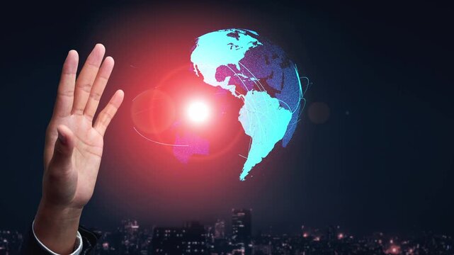 Global network connection visualization showing data exchange, digital link, worldwide communication. Global data flow and digital network infrastructure connecting regions around the world. Thunk