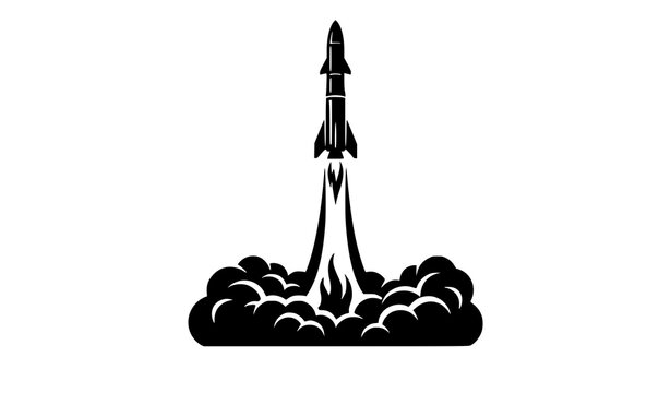 Rocket launch linocut vector illustration with black woodblock style spaceship explosion smoke cloud