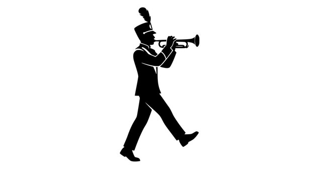 Marching band trumpet player silhouette vector icon with musician in shako hat marching in parade