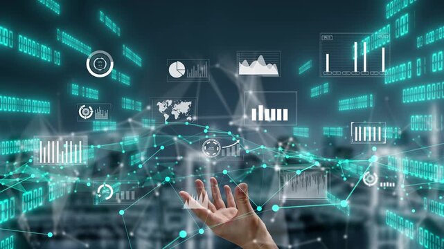 This image features a hand reaching out in a digital environment filled with charts and graphs, representing modern data analysis and visualization for business insights. Xenic