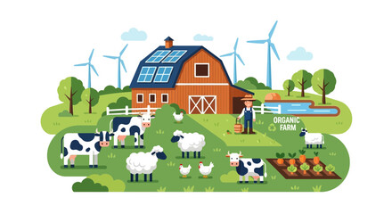 Fototapeta premium Sustainable organic farm with cows, sheep, chickens, crops, barn, solar panels and windmills.