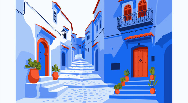Blue Medina Street Illustration with Stairs and potted plants, vector art, a8