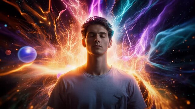 Young man with closed eyes in a meditative pose surrounded by vibrant cosmic energy, nebula light bursts and particles, revealing inner consciousness, astral awakening radiant aura