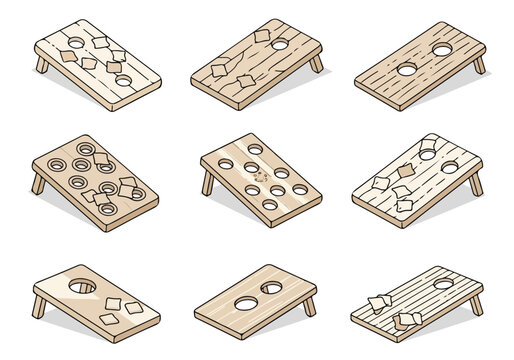 Set of wooden cornhole boards with various hole patterns and designs