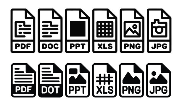 Collection of black and white digital file format icons representing various document and image types
