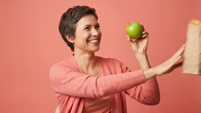 Woman choosing healthy green apple over french fries. Smiling female refusing junk food and biting fresh fruit. Nutrition willpower concept on pink background