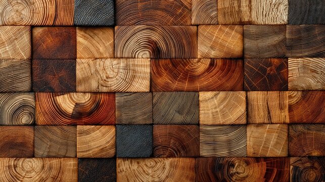 End grain wood butcher block, cross section timber pieces, checkerboard pattern, chopping board surface, natural kitchen background 