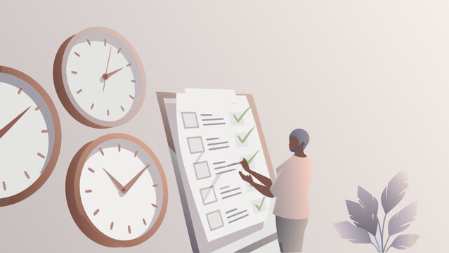 Person managing time effectively with clocks and checklist symbolizing productivity and organization in daily tasks and goals